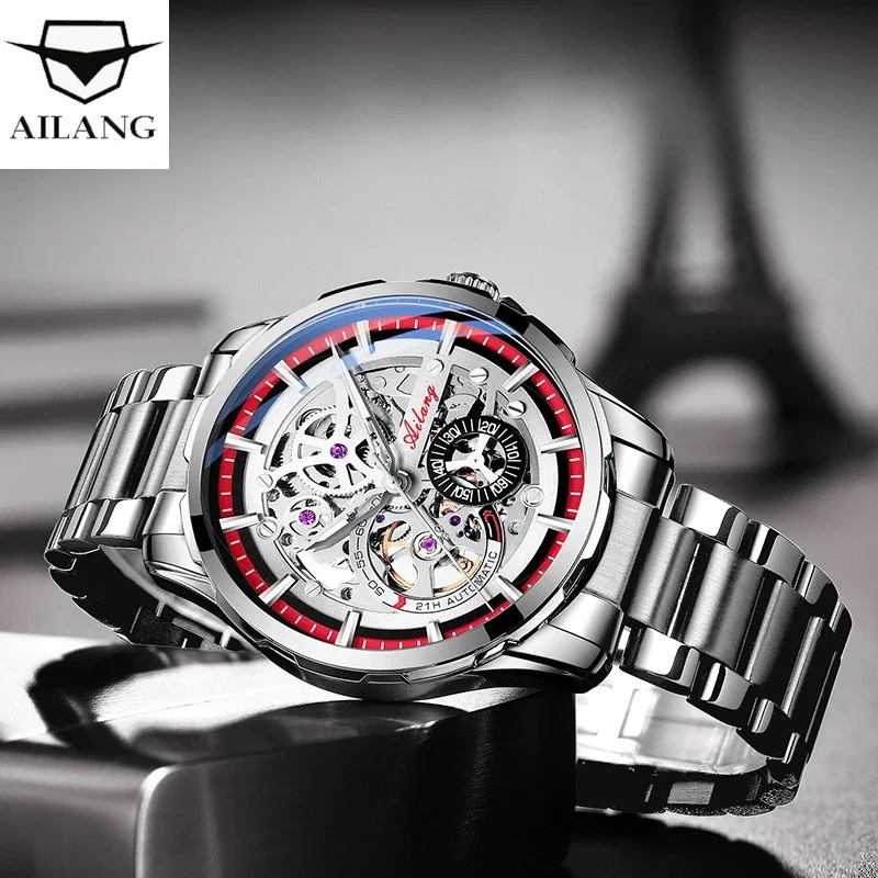 AILANG  Skeleton Mechanical Watch Stainless Steel Waterproof Mens Watches Top Brand Luxury Sport Male Automatic Wrist Watches