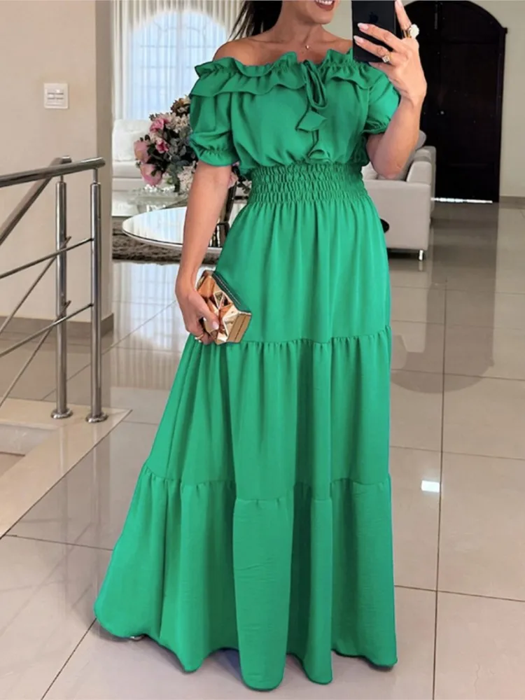 Women Fashion Lace-up Ruffle One-piece Collar Maxi Dresses 2025 Summer New Boho Holiday Dress Female Commuter Casual Party Dress