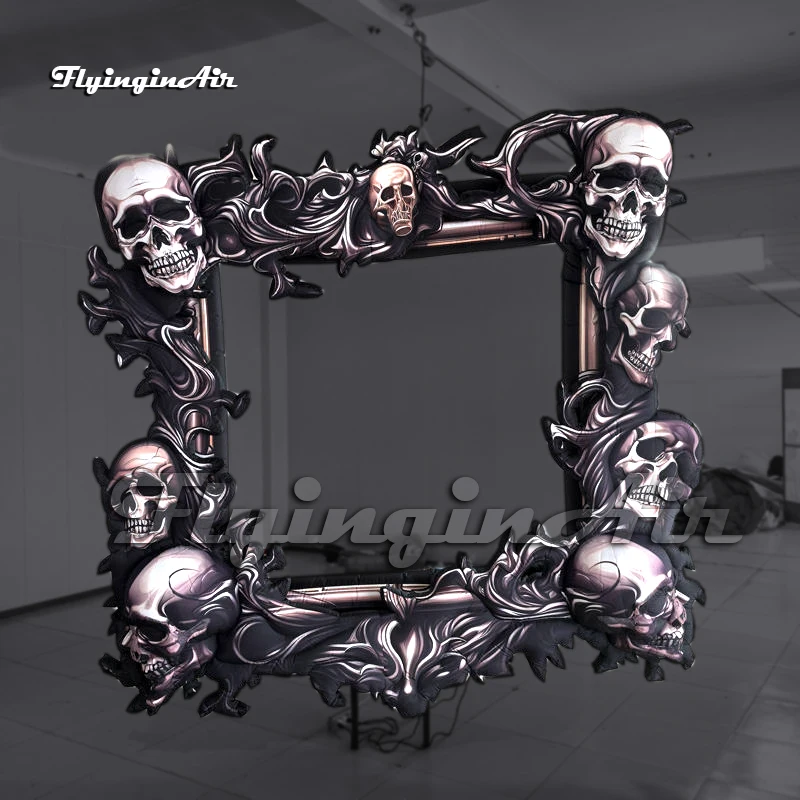 3m Hanging Giant Inflatable Skull Photo Frame with Gothic Flames Halloween Party Backdrop for Haunted House Decoration