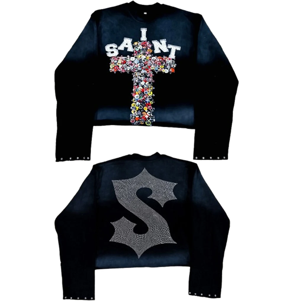 Rhinestone Graphic Sweatshirt Y2K Clothes Mens Harajuku Hip Hop Cross Oversized Sweatshirt Pullover Cotton Long Sleeve Tops