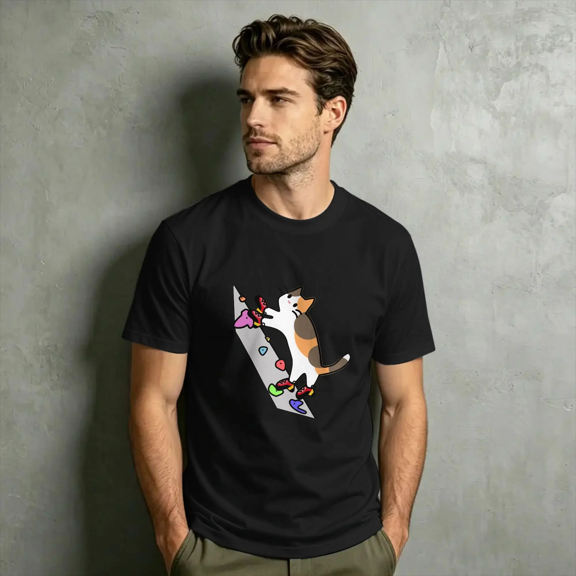 Rock Climbing Bouldering Cat T-Shirts for Men  Funny Cotton Tees Crewneck Short Sleeve T Shirt 4XL 5XL 6XL Clothes