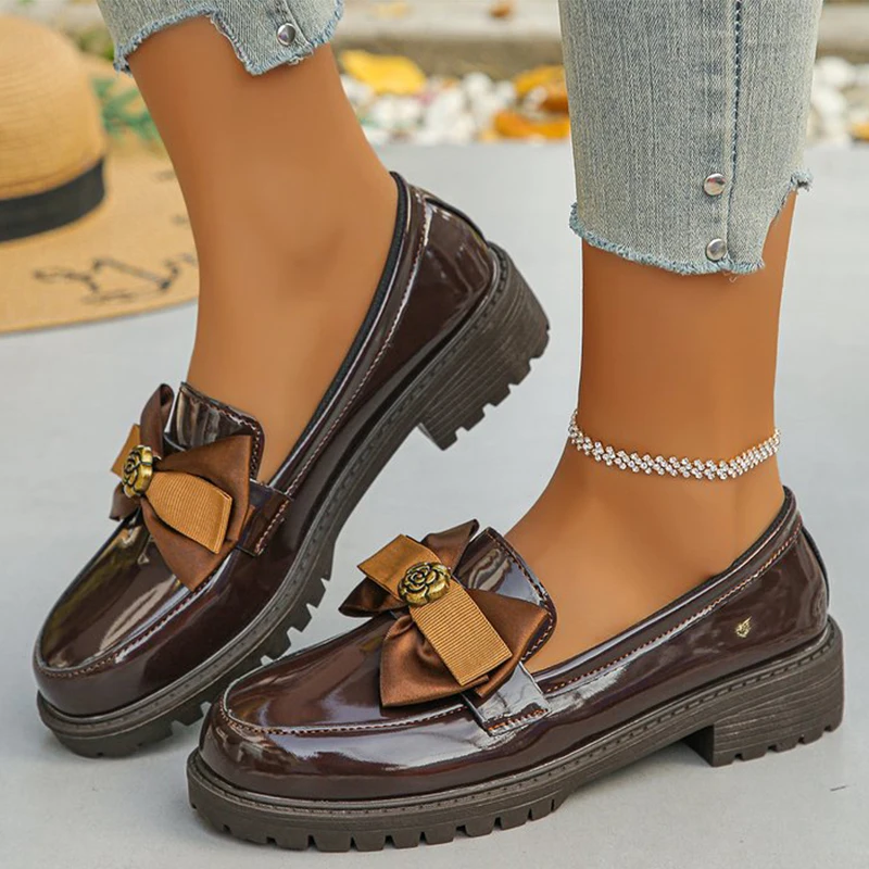

Elegant Metal Flower Loafers Shoes Women Mix Color Bowknot Loafers for Woman Spring Autumn Round Toe Platform Shoes Female