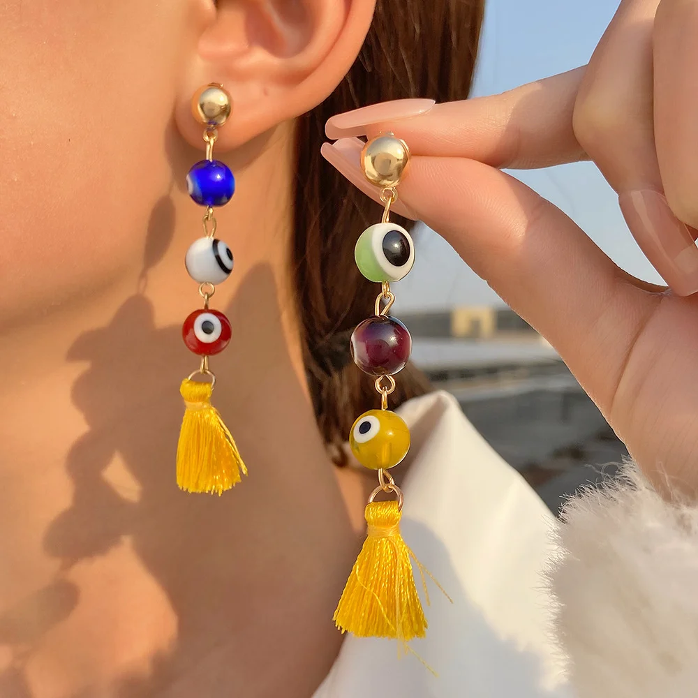 1Pair Vintage Turkish Eye Tassel Earrings for Women Ethnic Style Evil Eye Hand Geometric Circle Stud Earrings DIY Jewelry Gifts