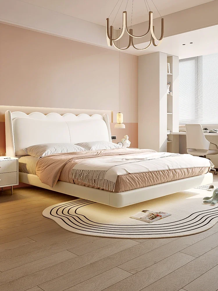 

Children's bed princess girl cream wind leather modern simple solid wood white girl suspended bed
