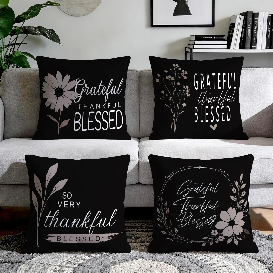 Floral Text On Black Background Cushions Pillowcase Polyester Cushion Cover Throw Pillow Pillowcover Home Car Sofa Decor