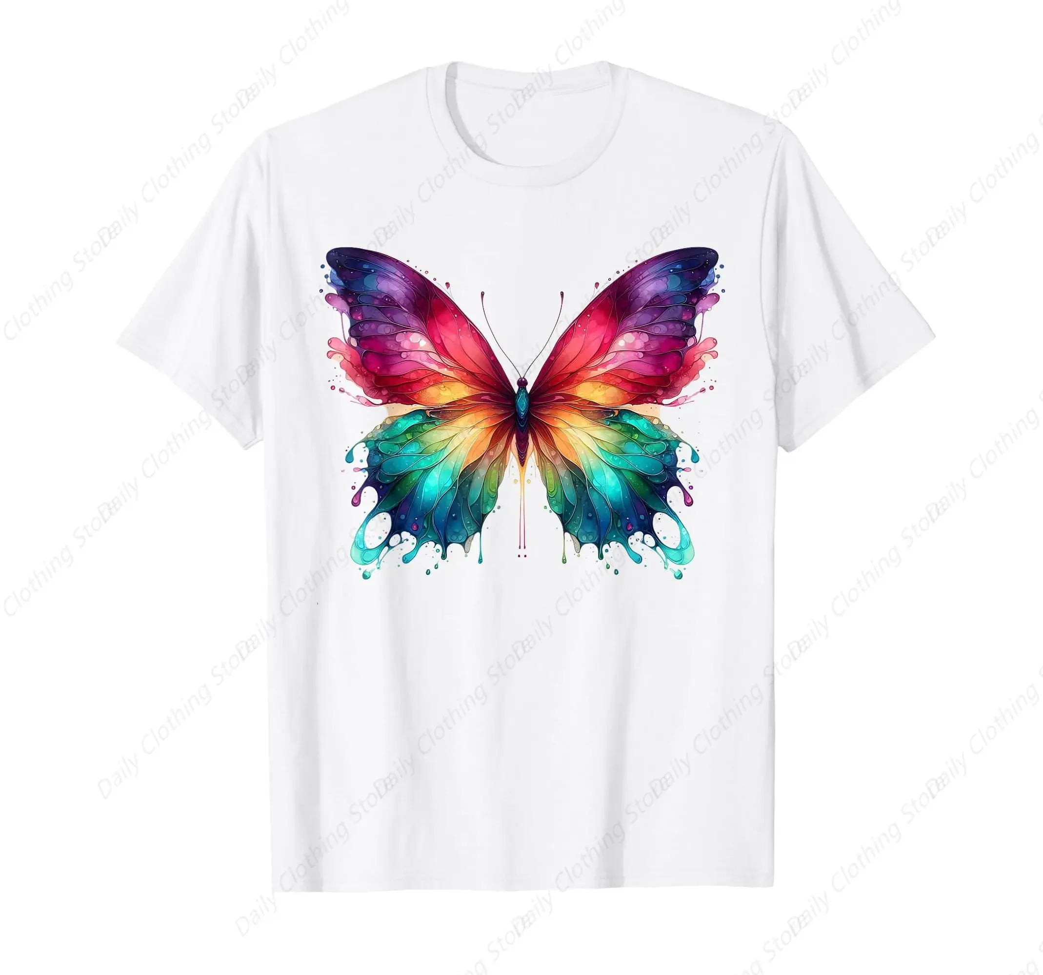 

Watercolor Rainbow Butterfly Graphic Short Sleeve Cotton Crew Neck T-Shirt