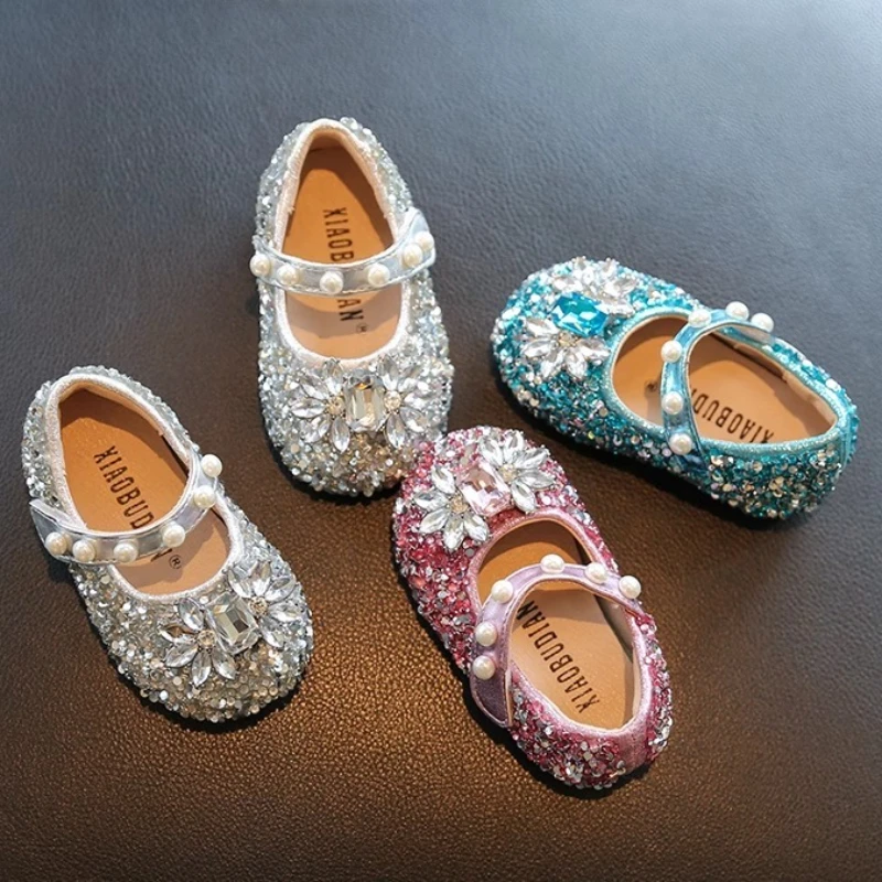 

2025 Kids Casual PU Leather Shoes Shiny Diamond Autumn Girls Anti-slip Breathable Designer Princess Baby Girl's Walking Shoes