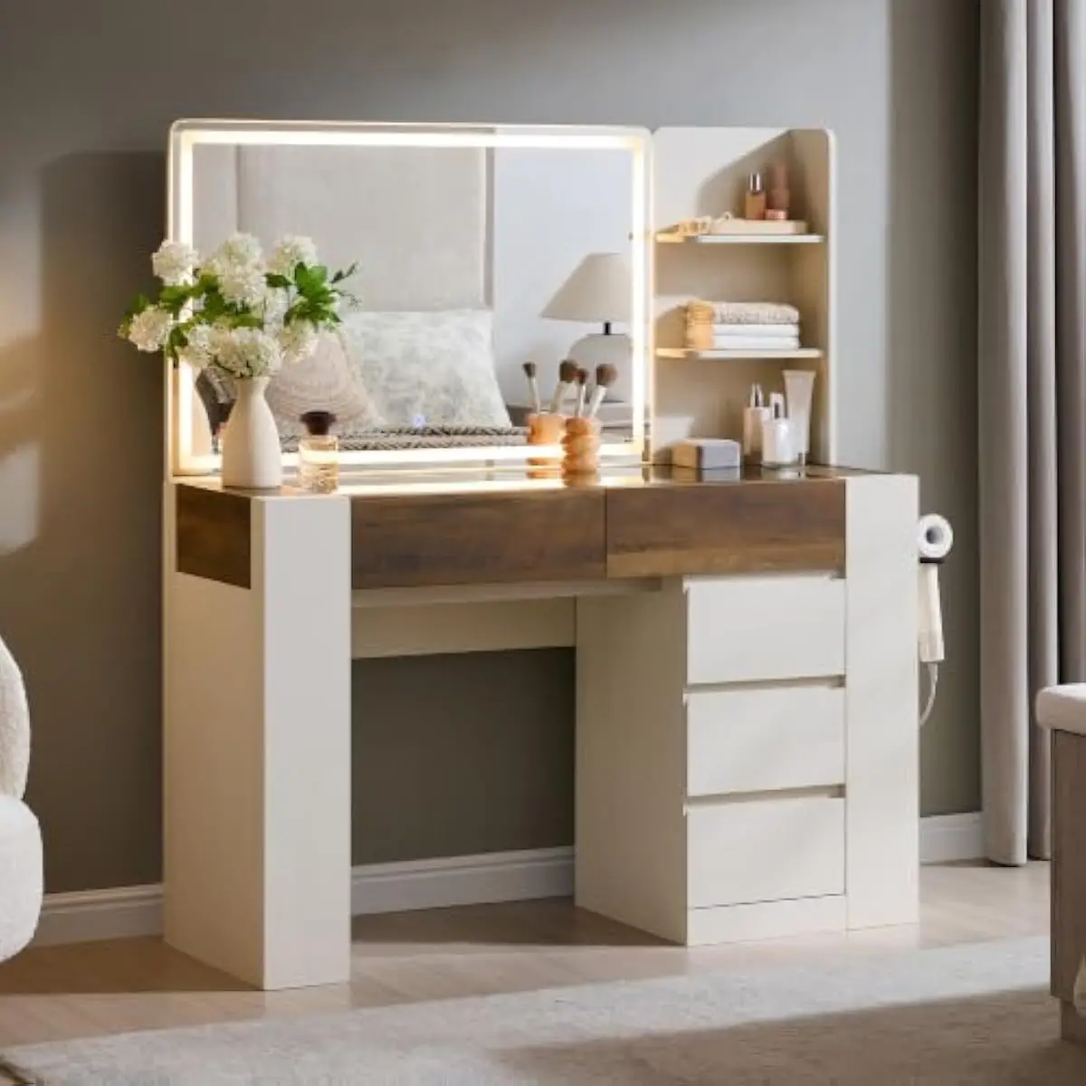 48 Inch Contemporary Vanity Desk with Adjustable LED Mirror Lighting Natural Warm Cool Tone Options Wide Sturdy Legs Engineered