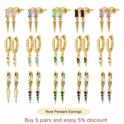 925 Sterling Silver Needle Metal Rivet Pendnat Hoop Earrings For Women Punk Hip Hop Personality Crystal Earrings Fashion Jewelry