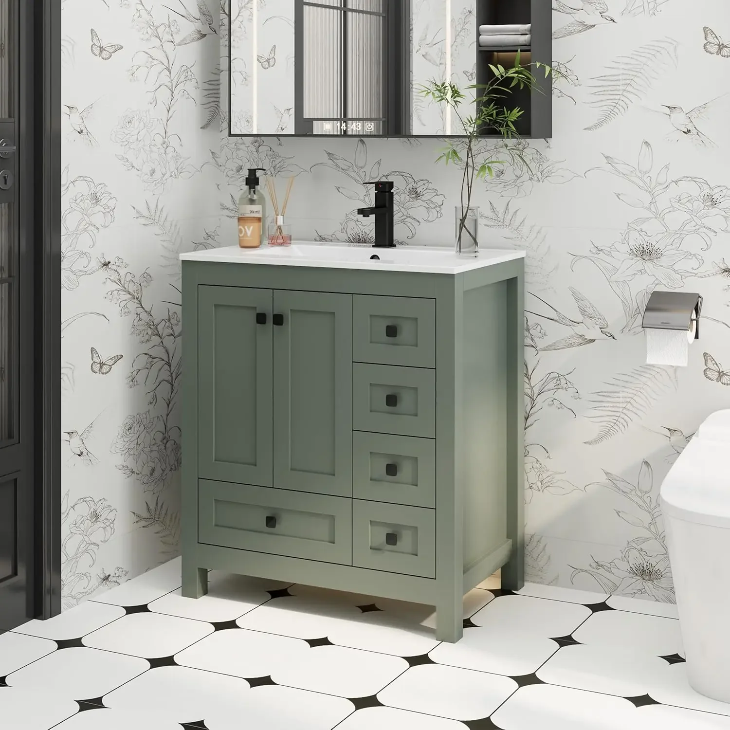 [عرض لفترة محدودة، اشترِ الآن! ]ورود حمام مقاس 30 بوصة مع مجموعة حوض، وخزانة تخزين حمام خشبية سميكة حديثة مع حامل سفلي