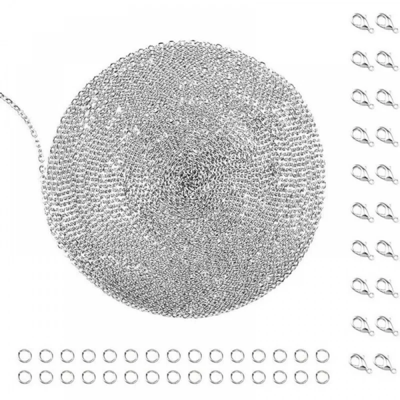 15m Jewelry Chain 2.0mm Silver Necklace Stainless Steel Women Metallic Belt with 20 Pcs Lobster Buckle and 30 One Open Jump Ring