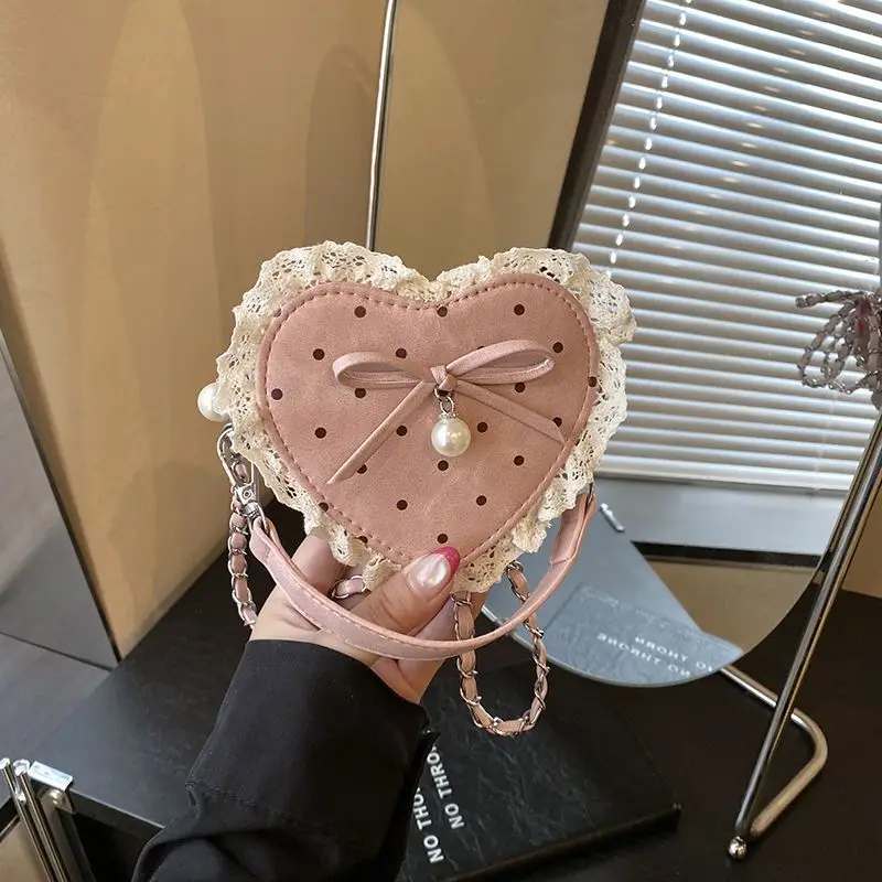 Pink Sliver Red White Cute Heart Shape Mini Crossbody Bag Lace Bow Pearl Polka Dot PU Leather Chain Shoulder Purse For Girls
