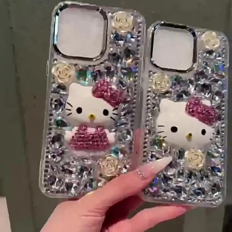 Kawaii مرحبا كيتي قضية الهاتف المحمول آيفون 12 13 14 15 16 برو ماكس لطيف Kt كامل اللؤلؤ سانريو أبل جراب هاتف حجر الراين هدية