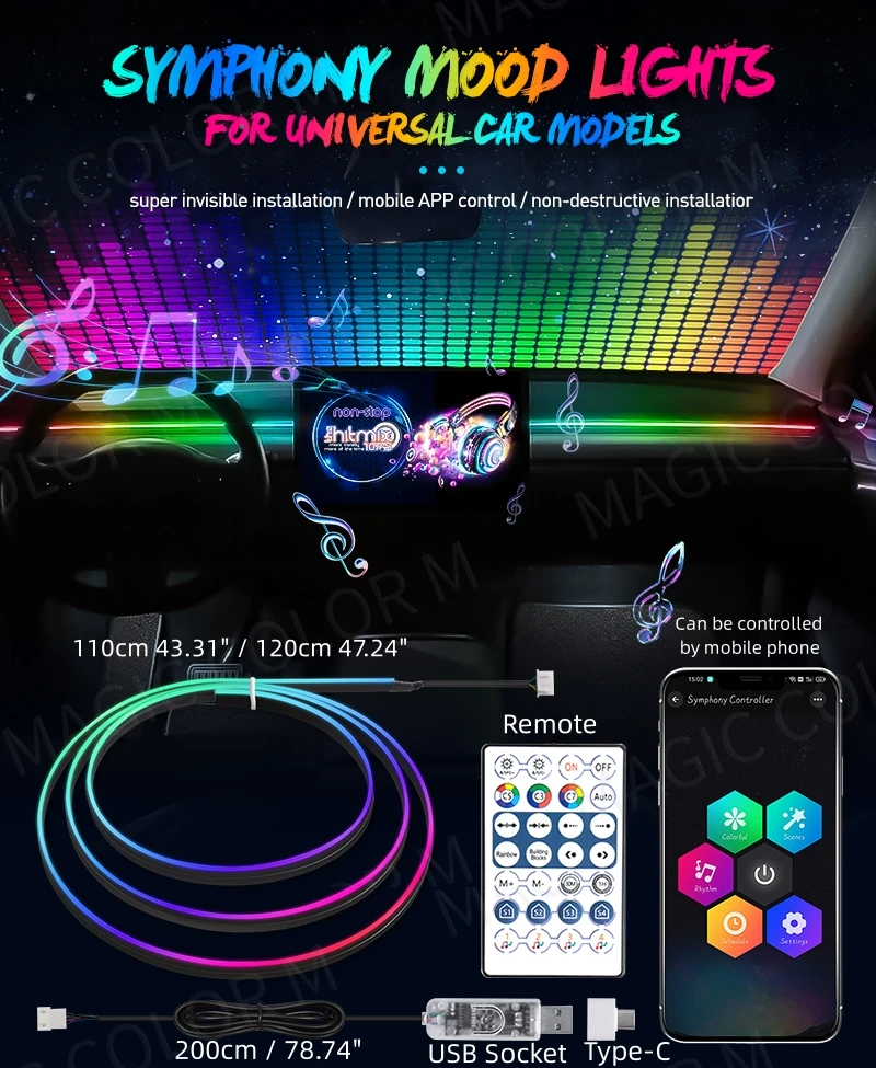 Vegetting 140 cm Auto Umgebungslichter LED Innen RGB Symphonie Atmosphäre Lampe USB APP Fernbedienung für Tesla Modell 3 Y S X – Detail 3