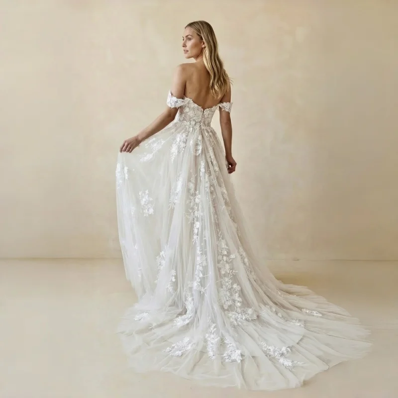 Bohemian Lace A-Line Wedding Dress Detachable Off-Shoulder Lace Sleeves With Long Train Evening Gowns Customizable