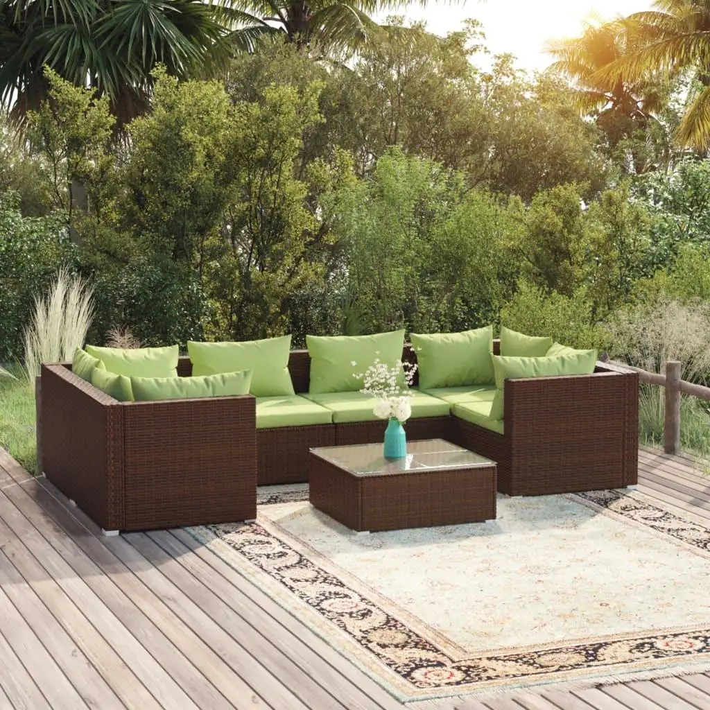 7-Piece Brown Poly Rattan Patio Lounge Set with Cushions - Stylish Outdoor Furniture