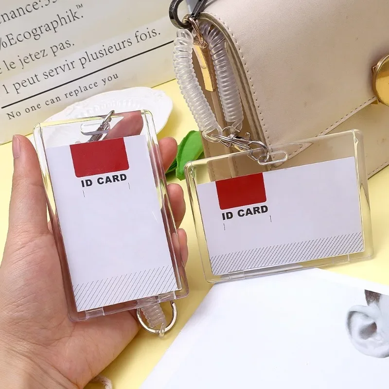 INS Horizontal Vertical Acrylic Cards Sleeve with Spring Lanyard Chain ID Card Idol Card Slot Transparent Card Case Protective