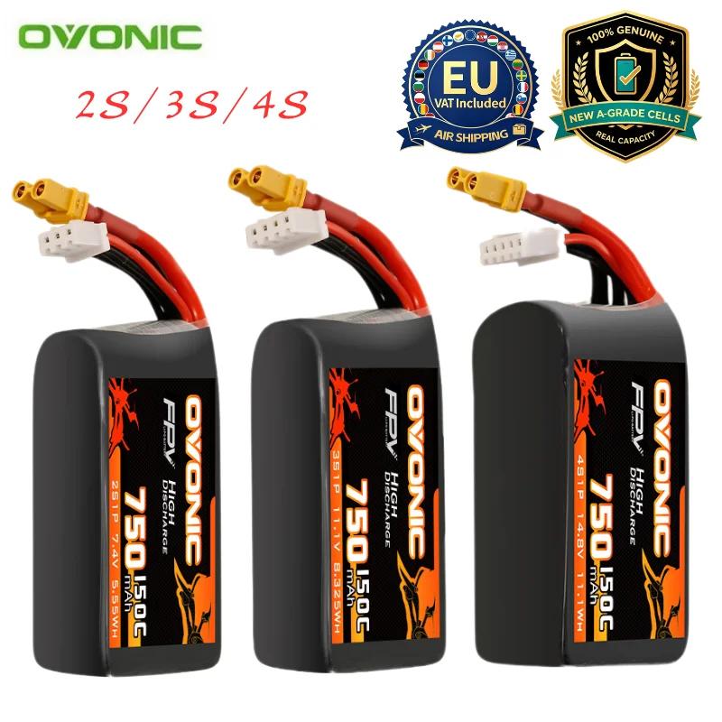 Batterie Lipo OVONIC 150C 750mAh 7.4V/11.1V/14.8V avec connecteur XT30 pour hélicoptère RC, quadricoptère, drone de course FPV, pièces détachées