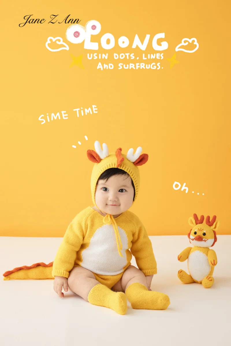 Photography props studio clothes children 100 days 3-6 month baby dragon theme yellow clothing and doll  new products