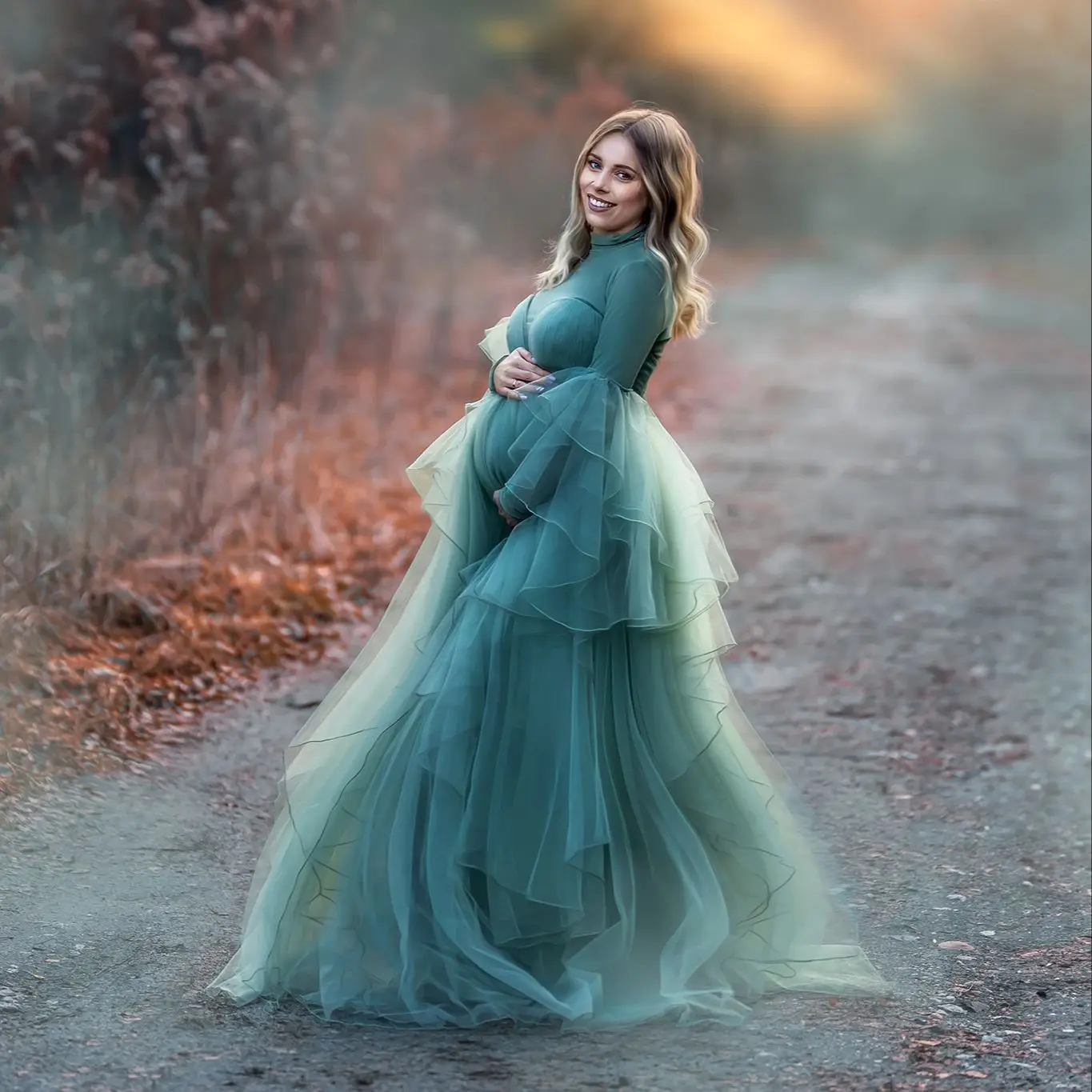 Modest Green Maternity Gowns High Neck Tiered  Pregnant Robes De Soiree Photography Props Shooting Women Babyshower Gowns