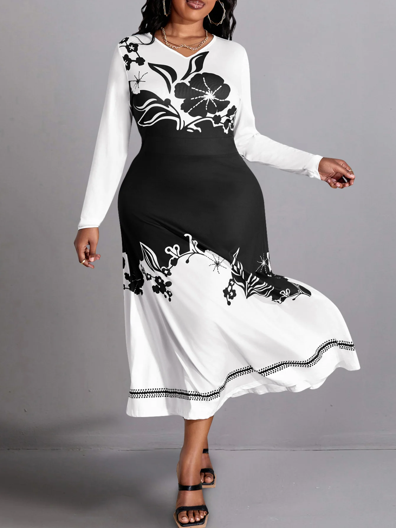 LW Plus Size Elegant Floral Print A Line Dress  Tribal Long Sleeve V Neck Midi Dress Business Women\'s Black and White Vestidos