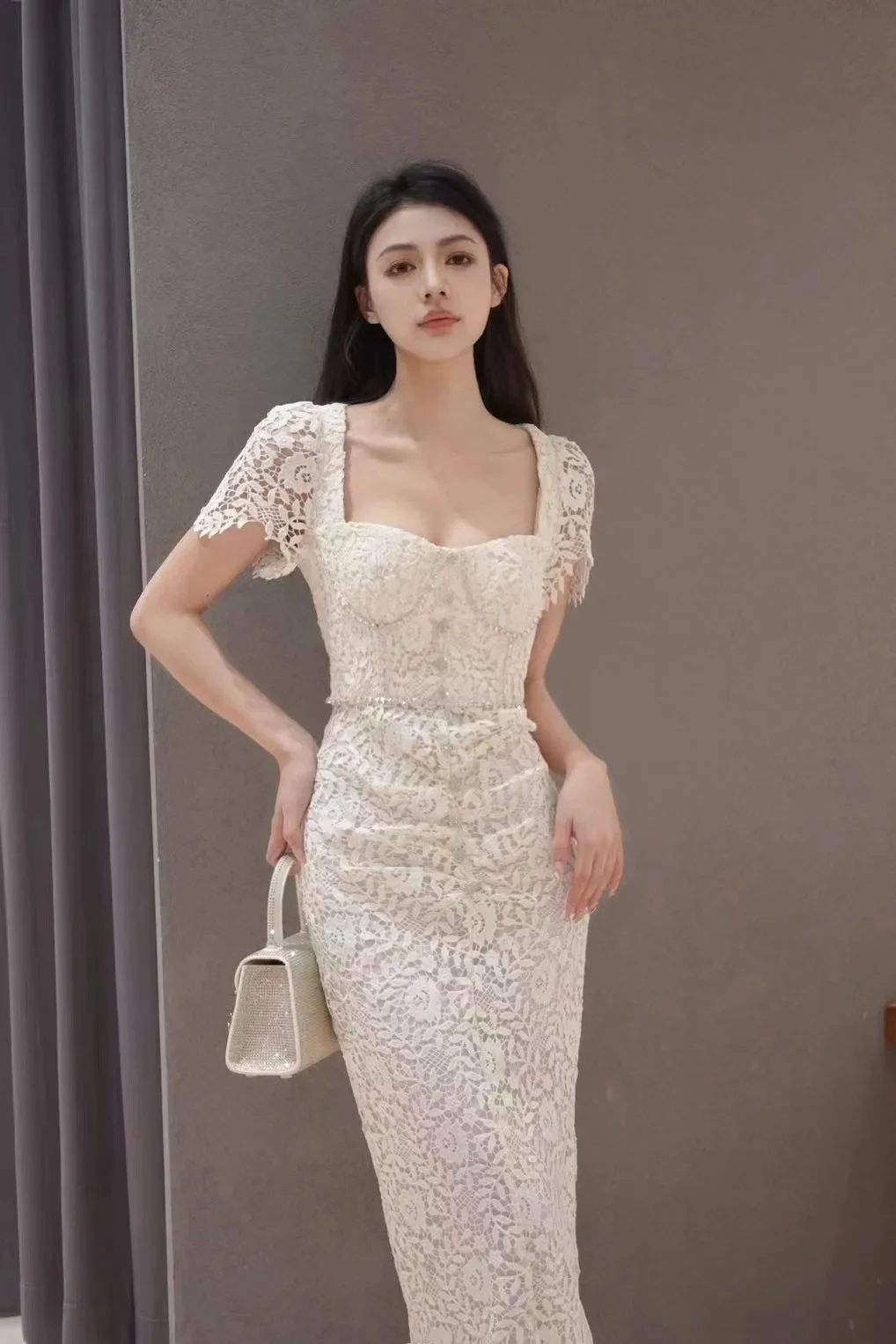 Women's white sexy one-word collar slim dress lace hollow waist waist lady elegant birthday party maxi dress female