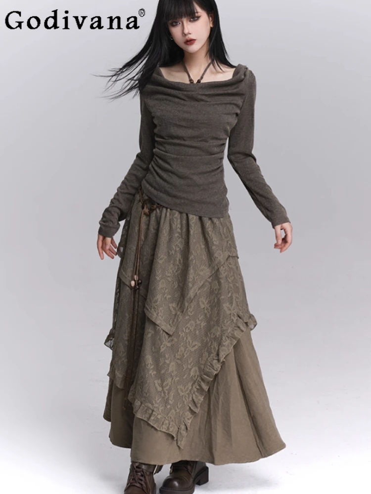 

Autumn Fashion Coffee Color Elastic Waist Lace Splicing Irregular Long Skirt Girls Versatile Age Reduction Fashion Street Skirts