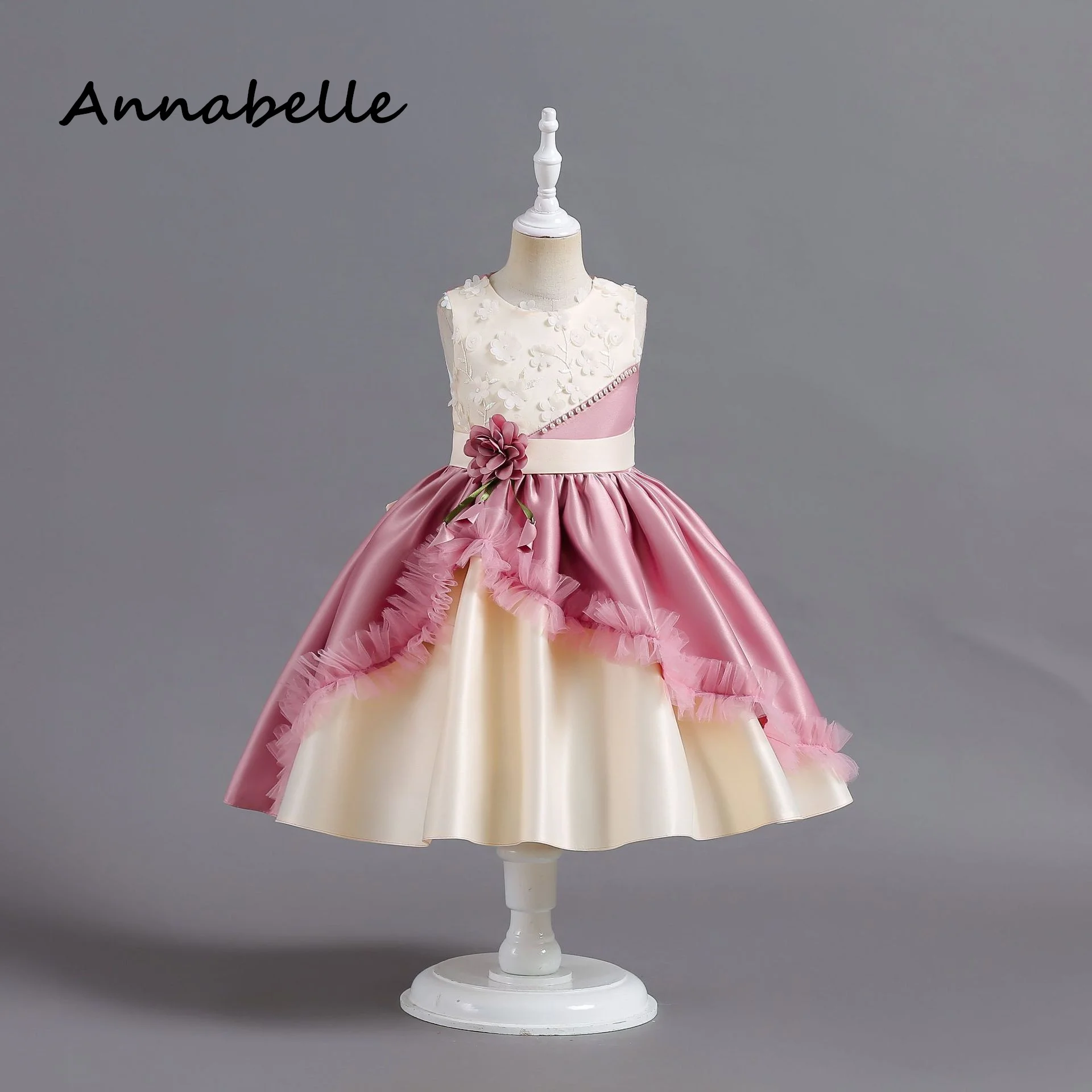 Annabelle Flower Baby Girl Bow Dress For Wedding Party Elegant Dresses Kids Children Color Blocking Baby Gala Birthday Clothes