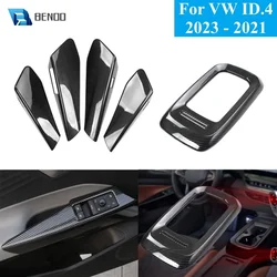 For VW ID.4 2024 - 2021 Carbonfiber Style Door Handle Armrest Trim Center Console Cover Wrap Accessories ID4 Cup Holder Panel