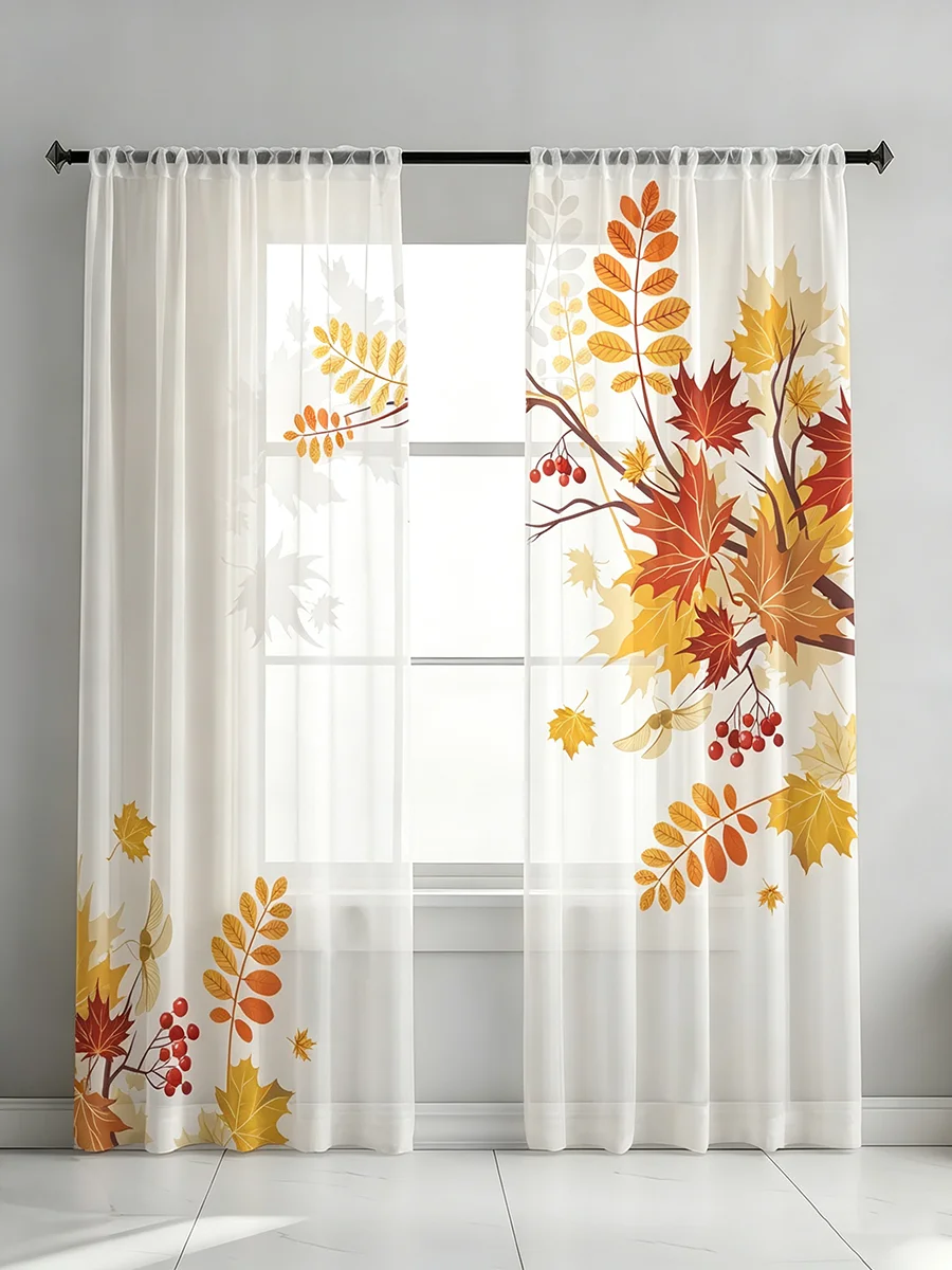 2PCS Digital Print Sheer Curtains, Warm Fall Maple Leaf Pattern, Seasonal Window Drapes for Kitchen Bedroom Studio Cafe Decor