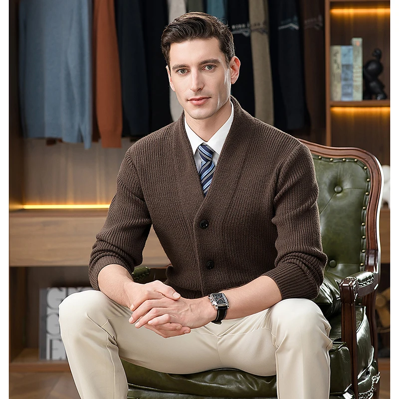 Kardigan Trendi Baru 2025 Musim Gugur Musim Dingin Pria Sweater Tebal Mantel Single Breasted Rajutan Lengan Panjang Sweater Luaran