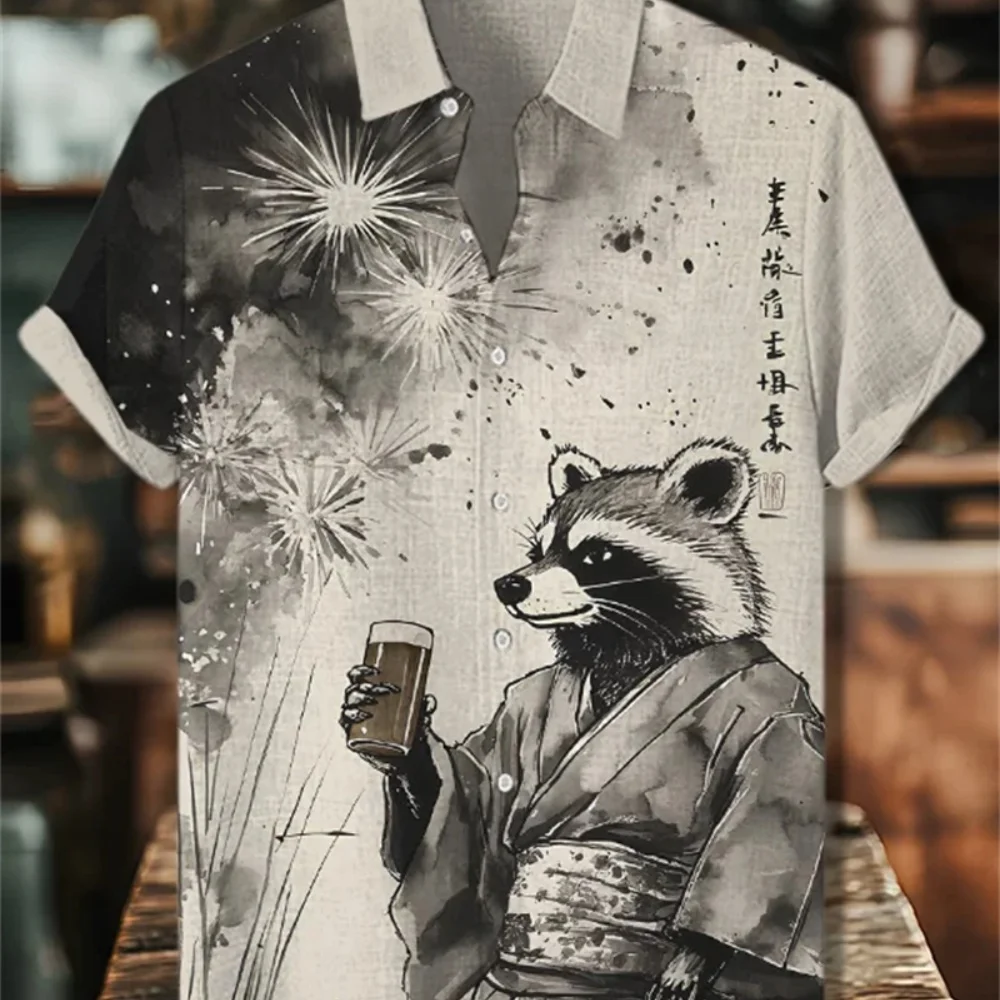 

Мужская рубашка с коротким рукавом в стиле ретро, модный воротник с животным принтом на пуговицах, высококачественная дышащая льняная повседневная одежда для уличного стиля