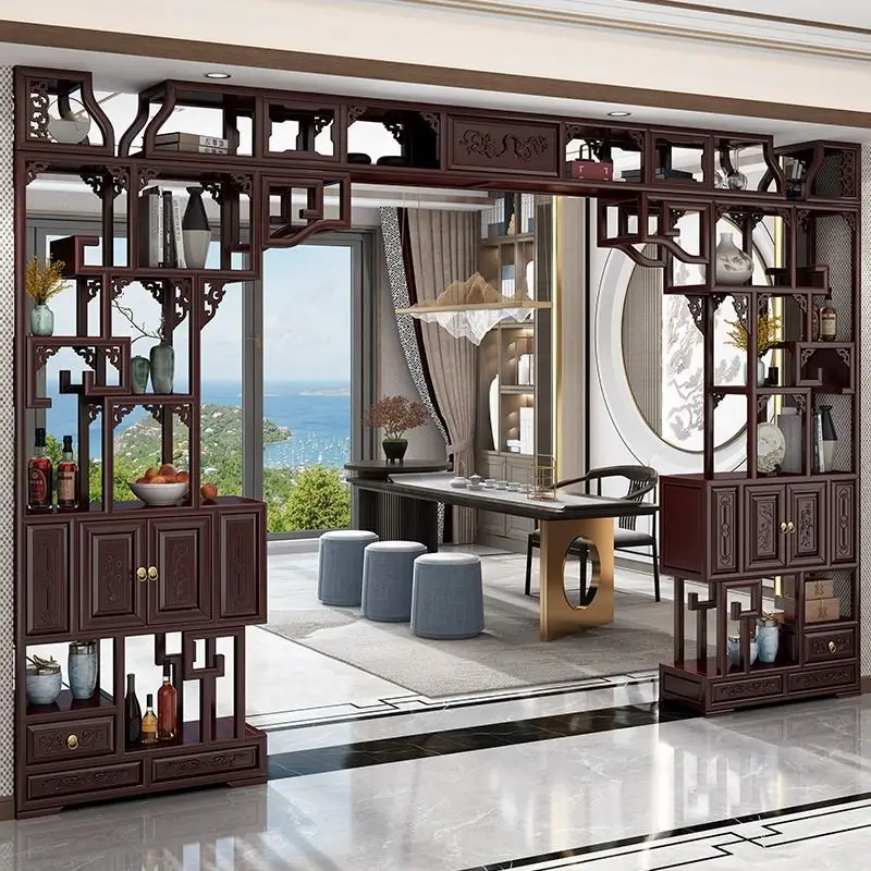 Chinese solid wood moon cave door bogu frame Duobao Pavilion curved round door moon door living room partition bookshelf antique