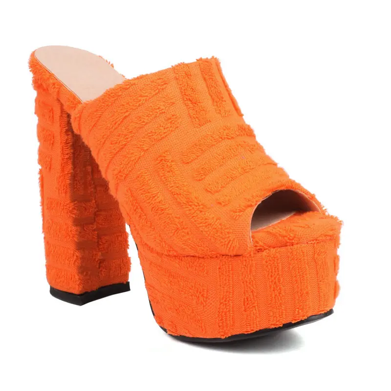 Terry Towel Fabric Bright Orange Green Sky Blue Open Toe Women Slides Sandals Block High Heels Platform Luxury Mules Slippers