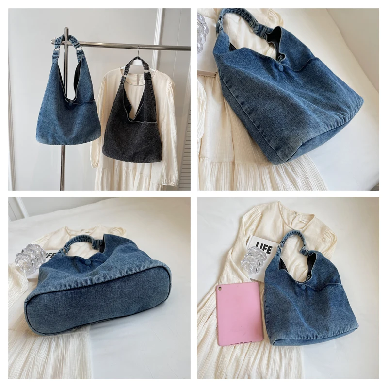 Imagem -04 - Bolsa de Ombro Denim Monocromática para Mulheres Bolsas Jeans Eco Messenger Shopper Tote Coreano Designer Hobos Canvas Novo Y2k