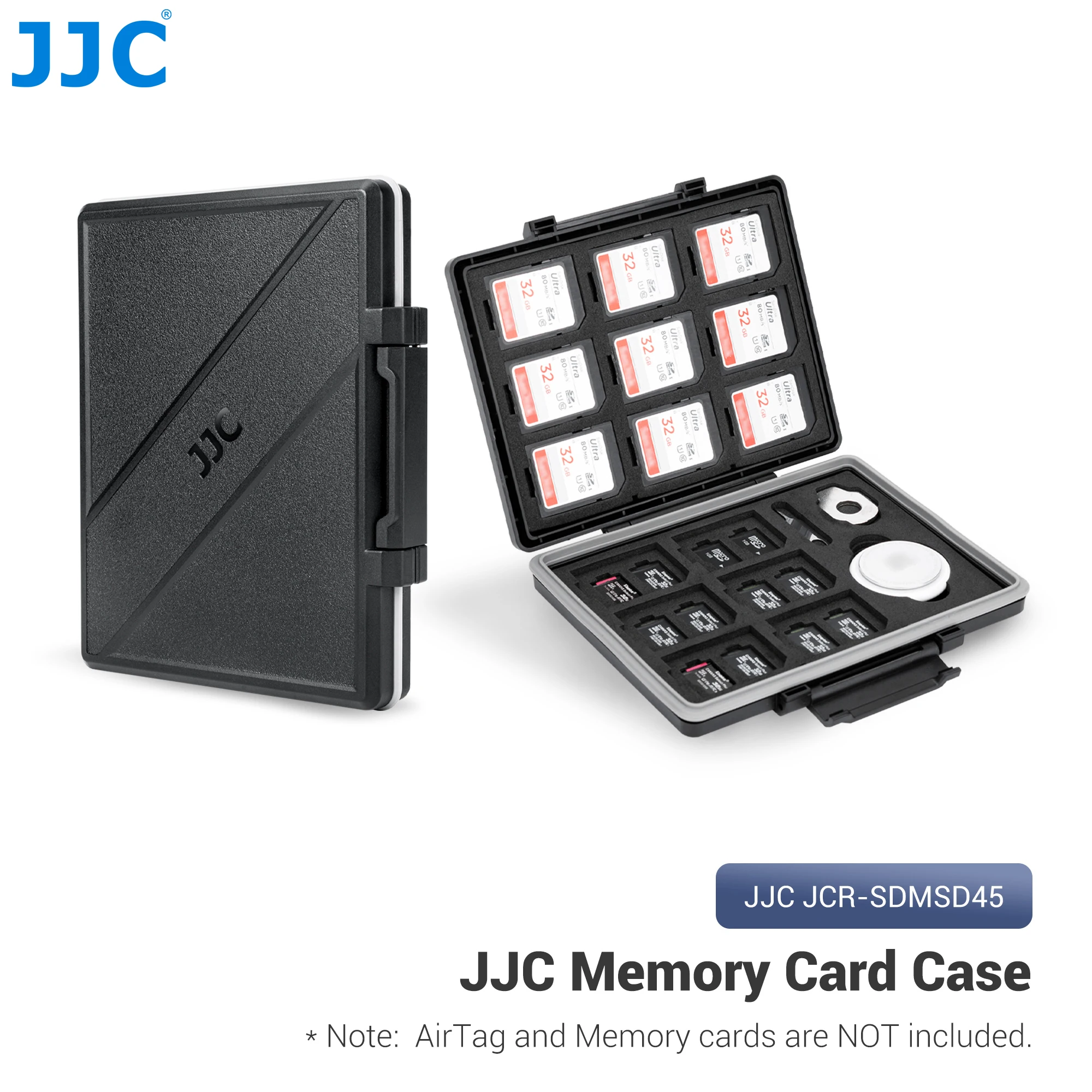 

JJC 45 Slots Memory Card Case For 15 SD Cards 30 MicroSD Cards 1 AirTag Water-Resistant Anti-Shock Memory Card Storage Holder