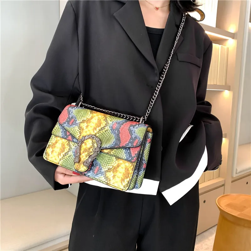 

2025 New Women's Dionysus Bag Crocodile Pattern Flap Clutch Color Block Chain Strap Small Square Crossbody Shoulder Purse