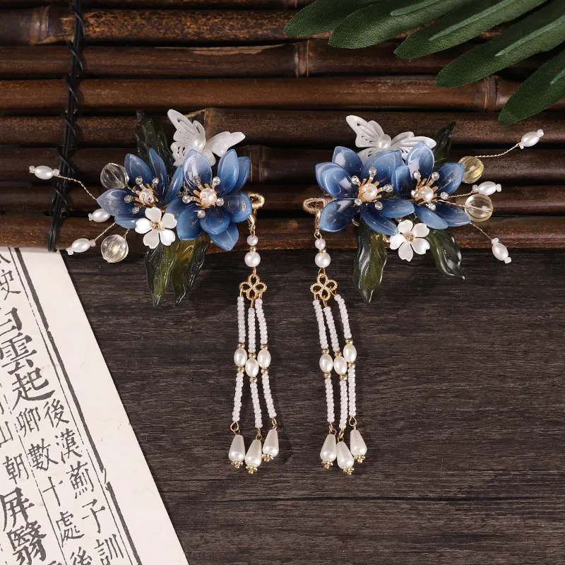 Blue Flower Hair Clip With Earring Chinese Wedding Hair Jewelry Sets For Women Pearl Tassel U-shaped Hairpin Vintage Hair Sticks