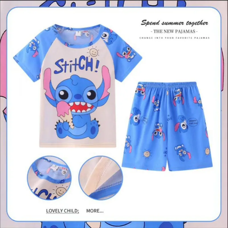 2024 Disney Stitch Children Pajamas Set Summer Short Sleeve Pants Minnie Pyjamas for Kids Boys Girls Cartoon Home Sleepwear Suit