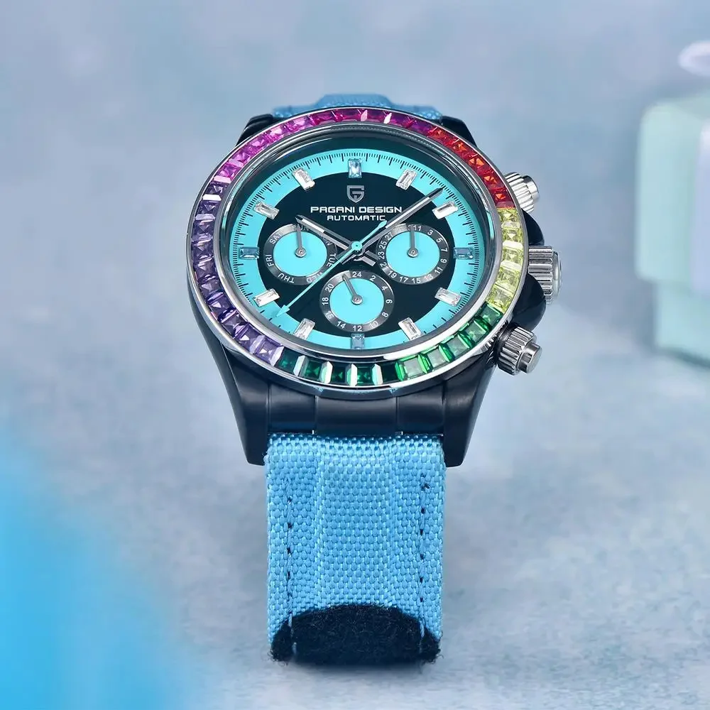 PAGANI DESIGN Luxury Men's Mechanical Watch 40mm Multifunctional Timing Watch Rainbow Bezel Sapphire Glass Men's Watches PD1732