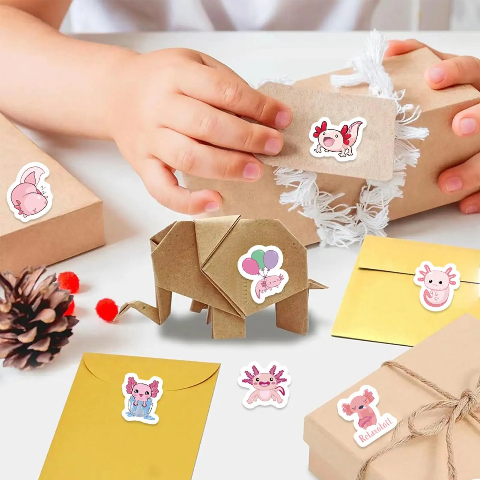 Naklejki z aksolotlami dla dzieci, 500 sztuk/rolka, wodoodporne naklejki do dekoracji, do dziennika, do klasy, na przyjęcia szkolne, do biura.