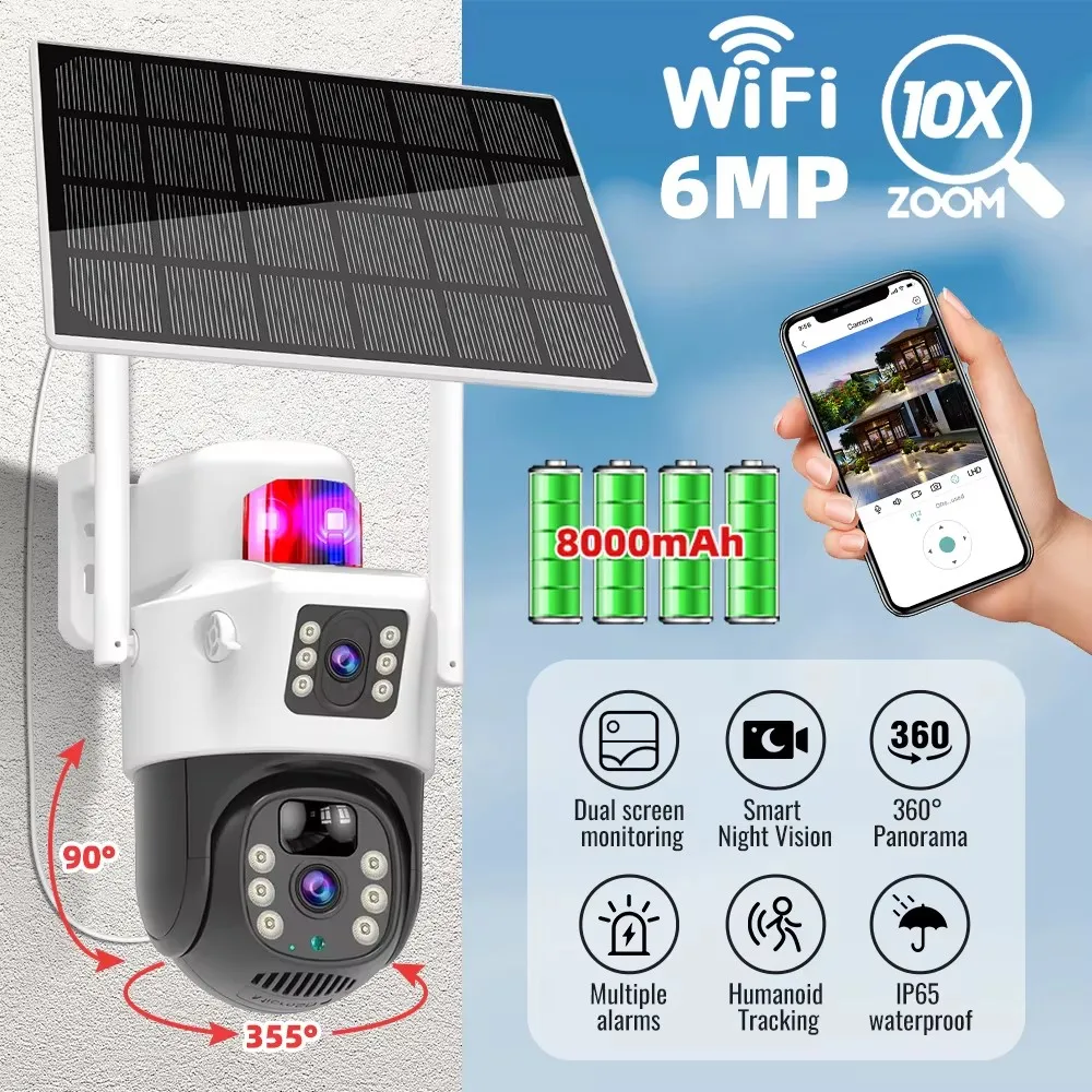 IR Night Vision Surveillance Camera Wireless Dual Lens Security Camera 6MP Human Tracking Solar Charging Bulit-in Battery Cam