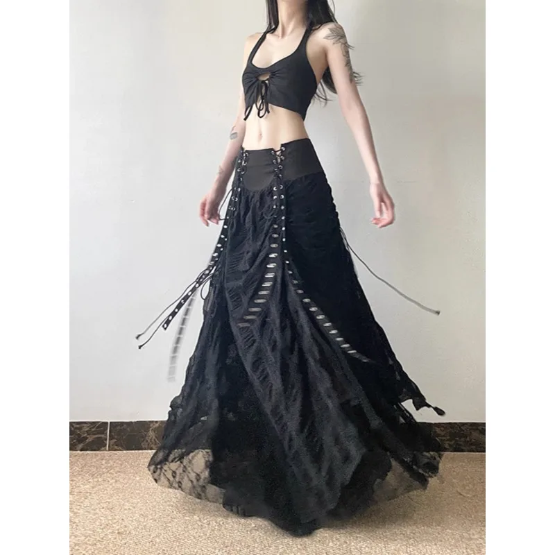 Vintage High Waist Lace-up Black Mid-length Skirt Women 2025 Autumn New Y2K Streetwear Pleated Loose Irregular A-line Skirt