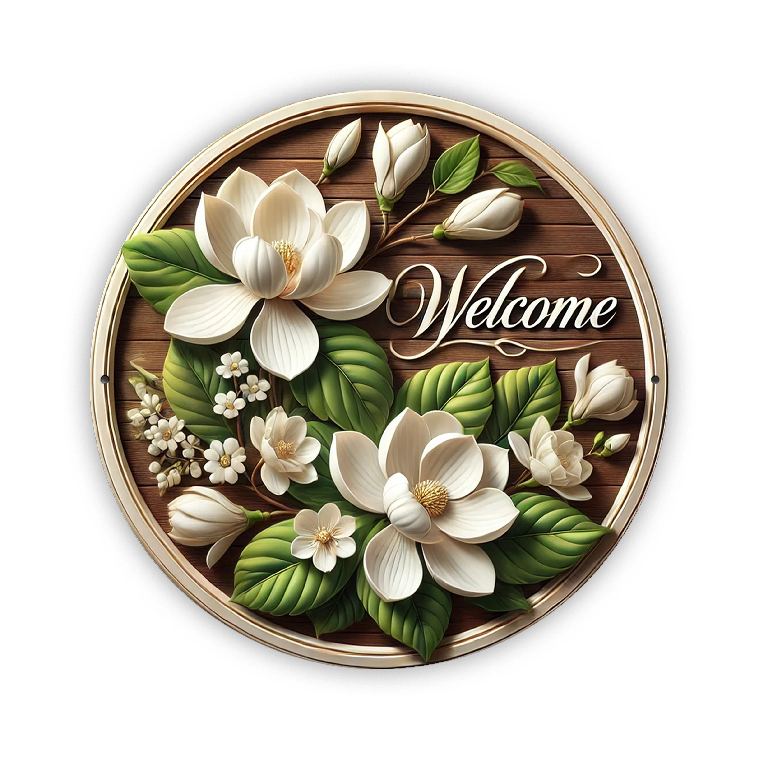 

8X8" Round Metal Welcome Sign With Magnolia Floral Design - Iron, Perfect For Door & Wall Decor, Ideal Gift For Women