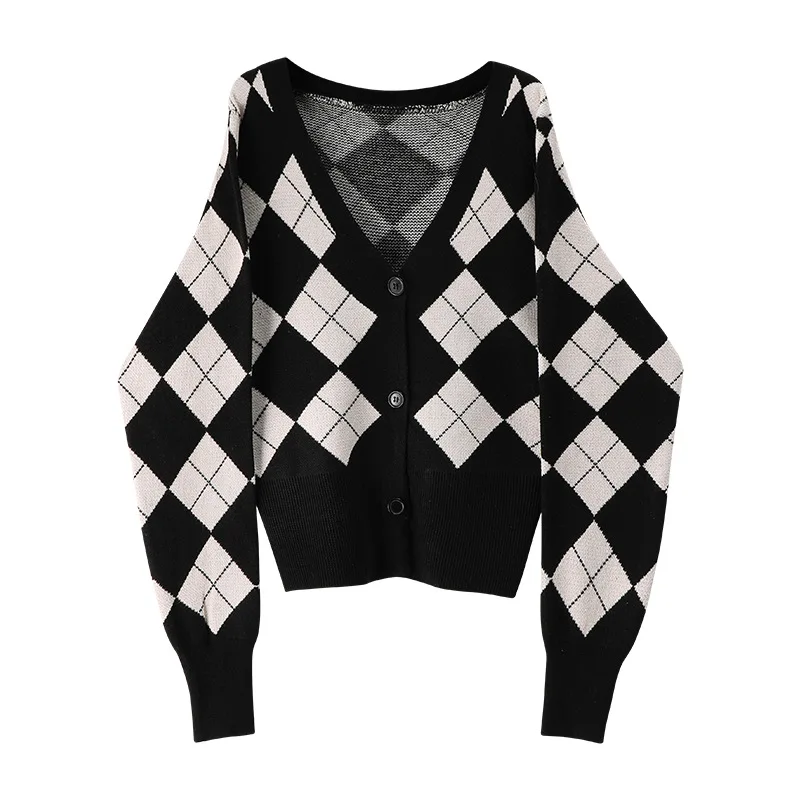 2024 Women\'s Vintage Rhombus V-neck Knitted Cardigan Spring All-Matching Short Sweater