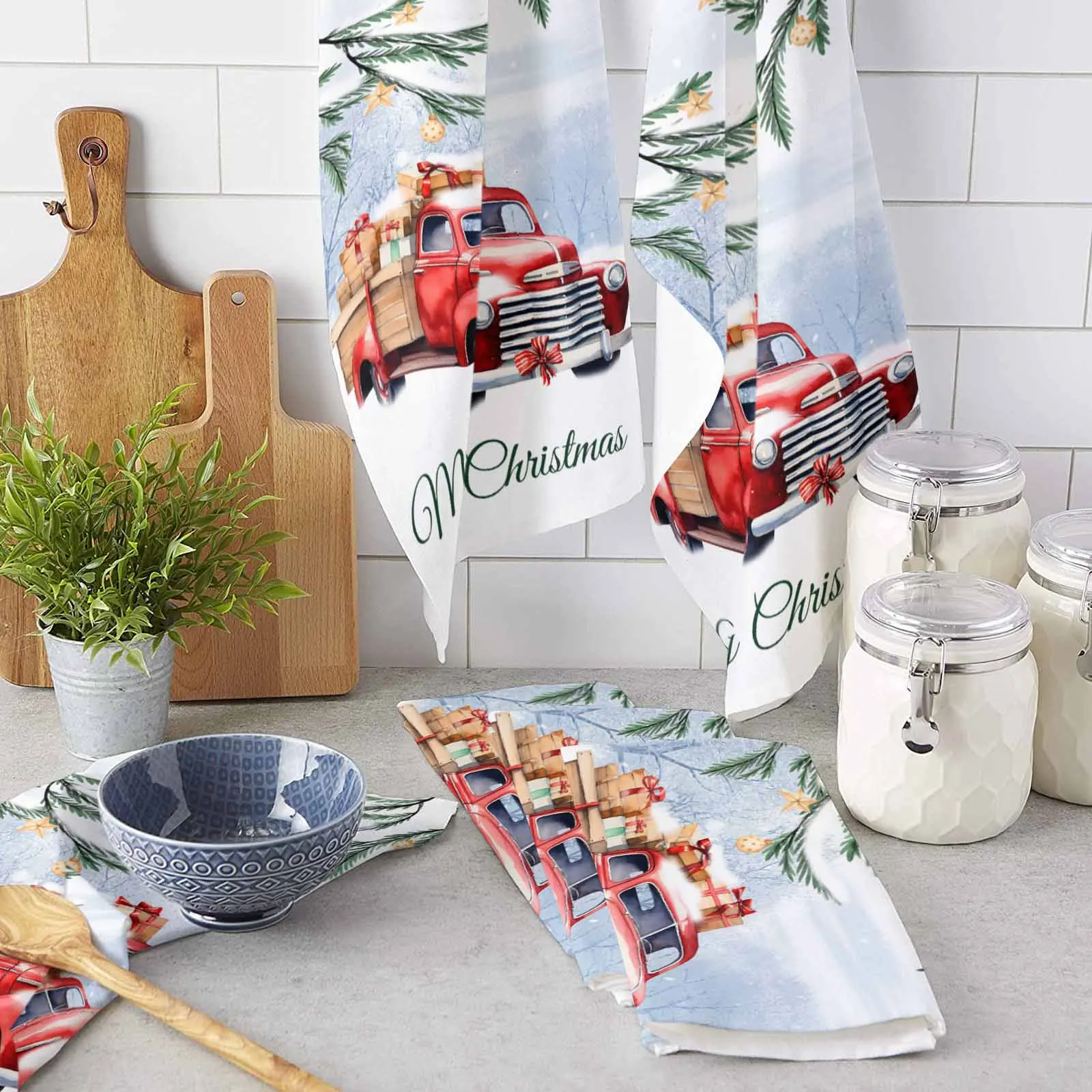 Christmas Red Truck Plants Snow Gift Stars Printed Tea Hand Towel Kitchen Dishcloth Water Absorption Household Cleaning Cloth