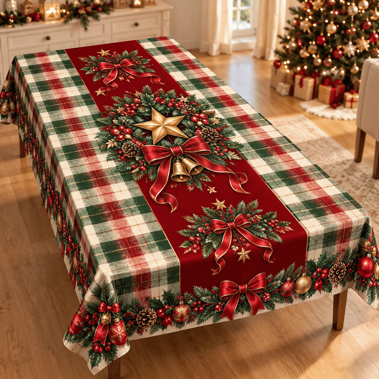 1 square Christmas tablecloth, red-green beige checked with gold star wreath, bow and bell print