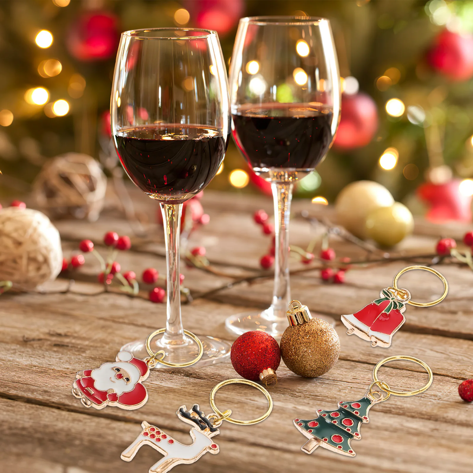 

6Pcs Wine Glass Markers Alloy Christmas Theme Decorative Rings for Party Drink Identification Reusable Xmas Glass Tags