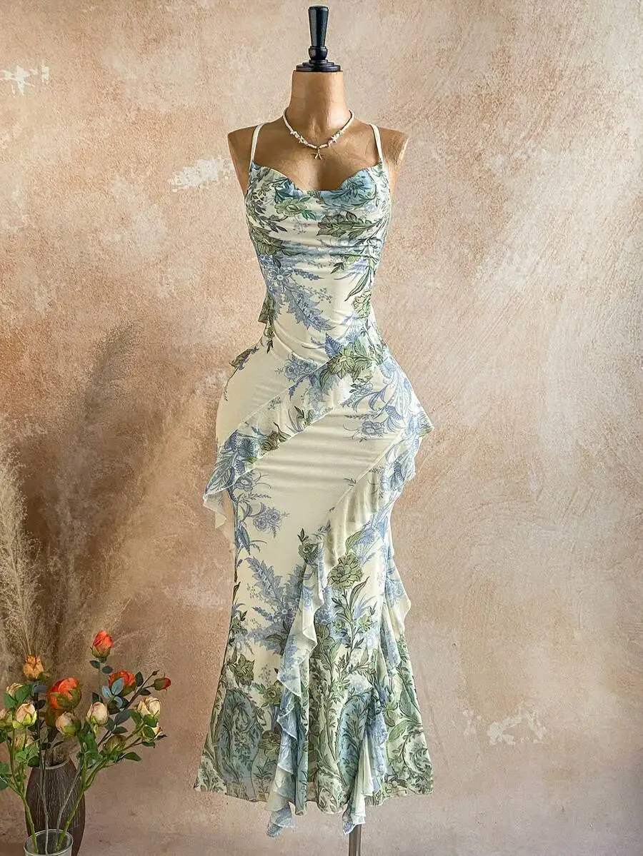 

Vintage Floral Print Draped Neck Ruffle Hem Midi Dress Summer Vacation Style