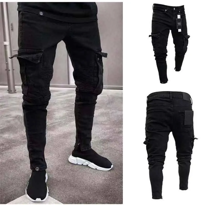 Men's Black Side Many Pockets Cargo Jeans Fashion Hole Zipper Small Foot Denim Pants Cotton Elastic Jogging Trousers Streetwear